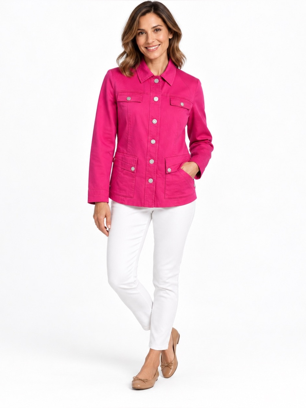 Laura Ashley Petite Fuchsia Pink Stretch Cotton Snap Utility Jacket Women’s PL